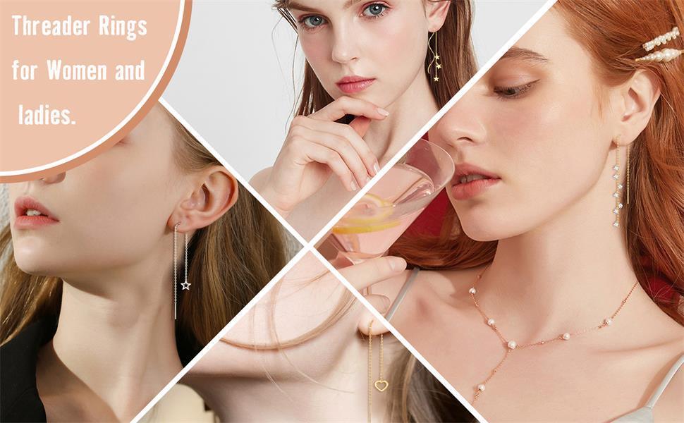 Jstyke 8Pairs Threader Earrings Chain Earrings Tassel Earrings for Women Stainless Steel Double Twist Wave Drop Dangle Earrings with Rhinestones Lightweight Long Chain Earrings Set