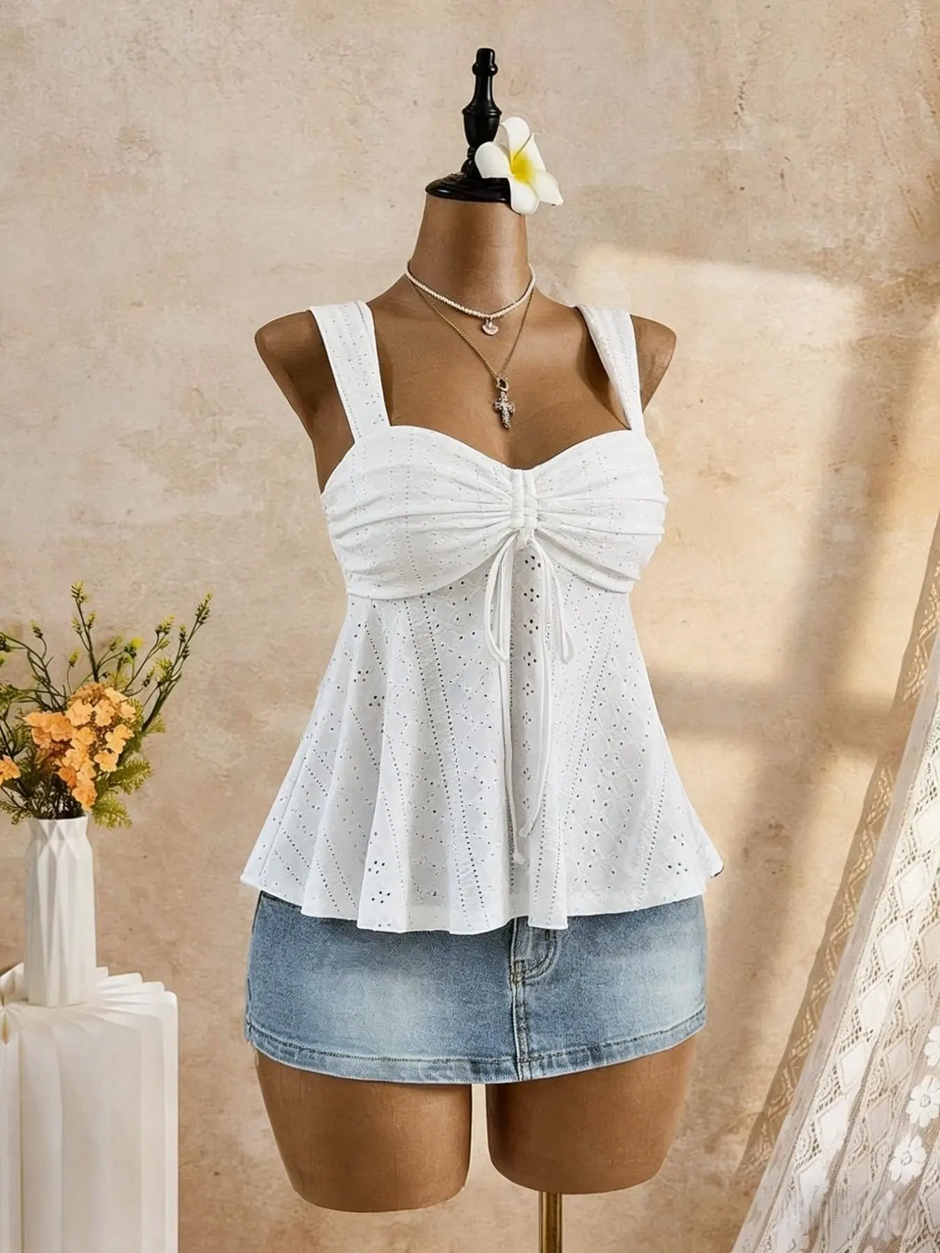 Vintage Women's Summer Casual Ruched Front Drawstring Halter Top, Sweet Heart Shape Wide Straps, Flowy Ruffle Short Sleeve Shirt