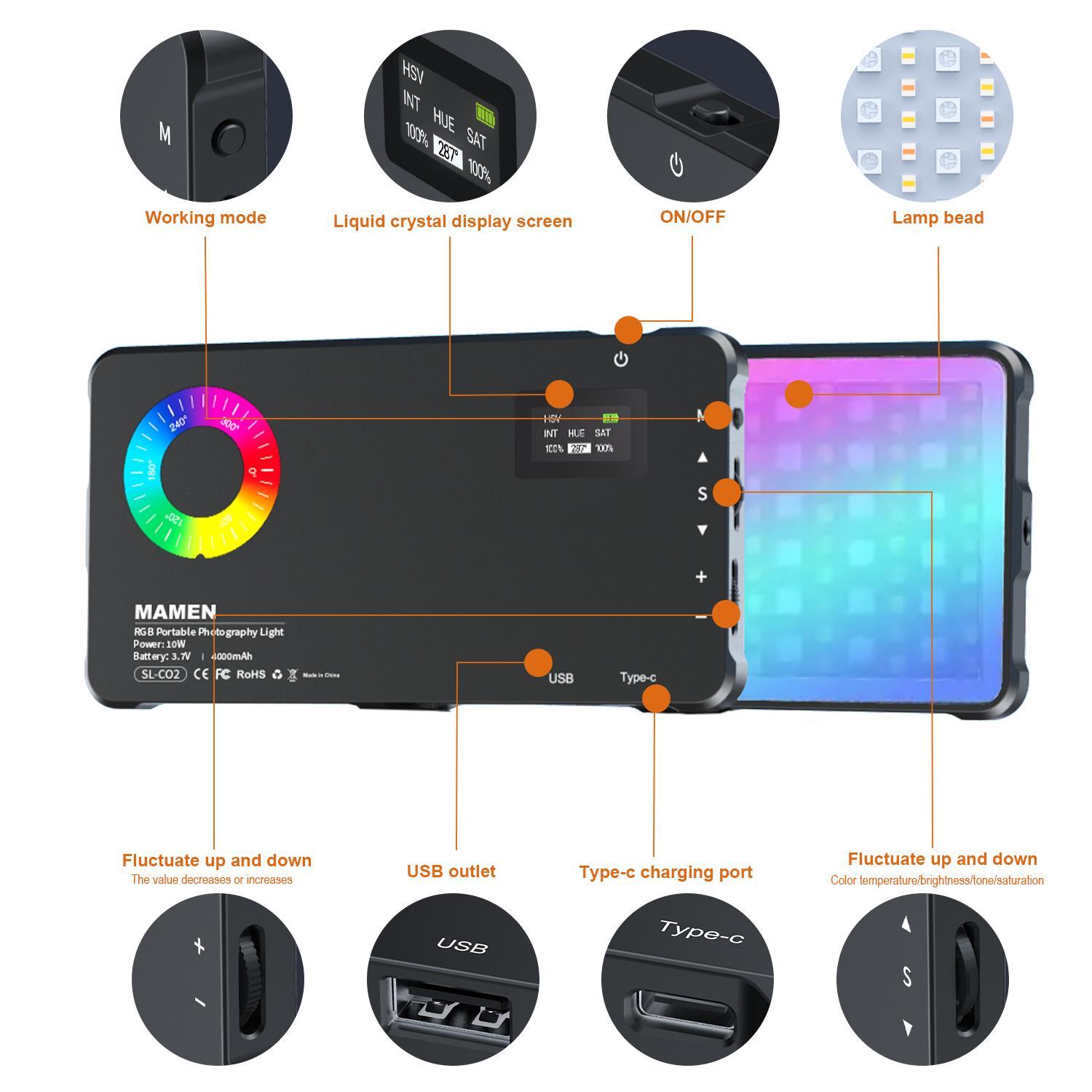 RGB Video Light, Portable LED Camera Light Panel, 0-360 Full Color LED Light, Rechargeable DSLR Lighting for Vlogging, Photography, Video Conference, Smartphone, Photographic Fill Light