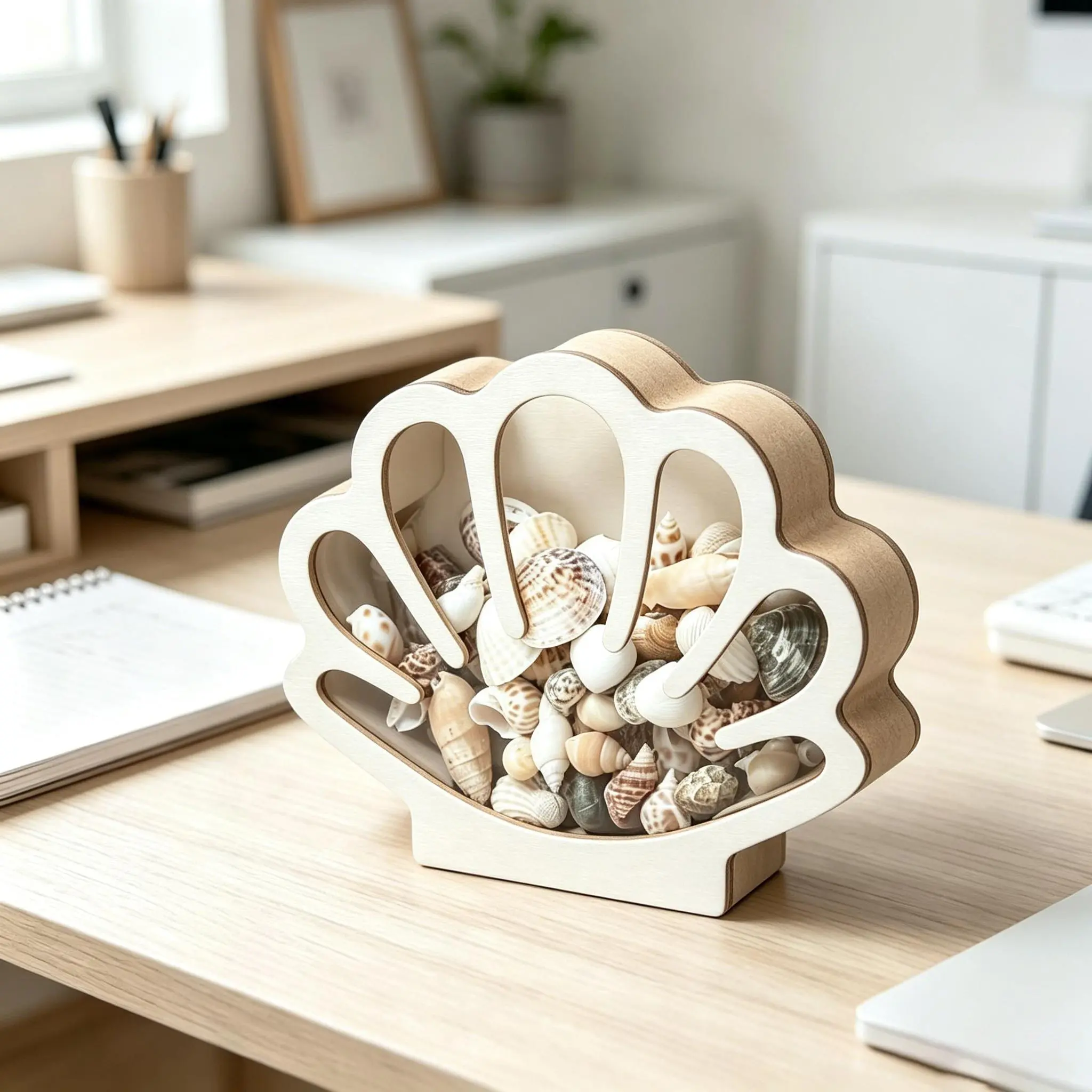 7.09*5.91 Inch Shell Shaped Wooden Seashell Display Storage Box with Clear Acrylic Window, Hollow Keepsake Collector Box for Beach Treasures, Coastal Nautical Home Decor (Shells Not Included)
