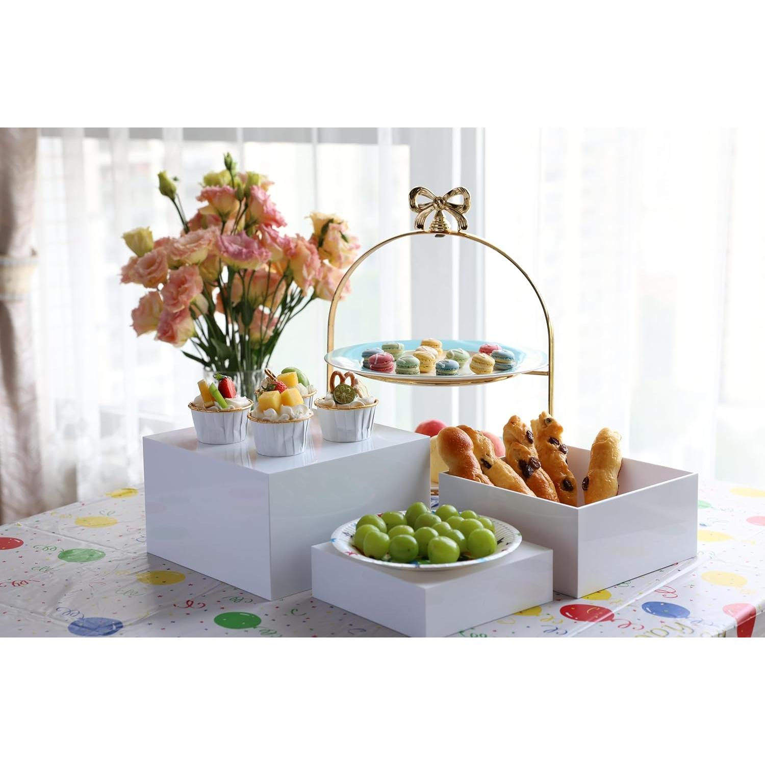 3 count Buffet Risers,Dessert table display set, Catering supplies buffet display, risers display stands, White  Cube Boxes Nesting Risers with Hollow Bottoms - 1 Set (6.5", 7.5", 8.5")