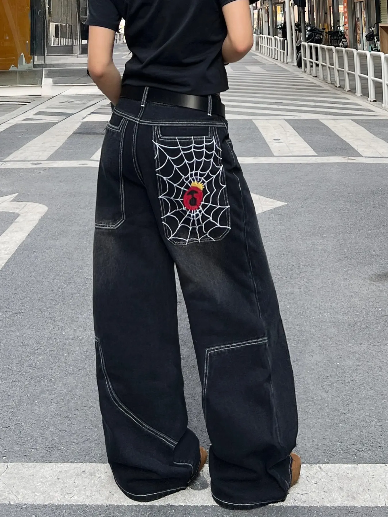 Women's High-Waisted Jeans, American Vintage Spider Web Embroidery, Large Pockets, Street Style, Fashionable Wide Leg Pants, All Seasons