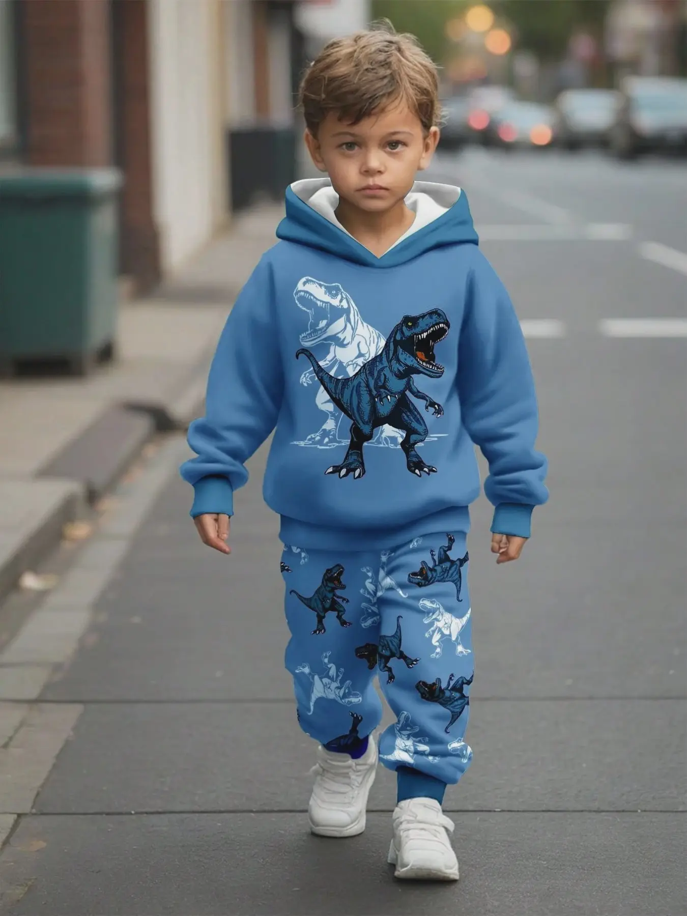 Boys' Trendy Hooded Sweatshirt and Long Pants Set, Cute Dinosaur Print, Stylish Fashion, All Seasons Casual Wear, Graphic Print Set, Matching Set