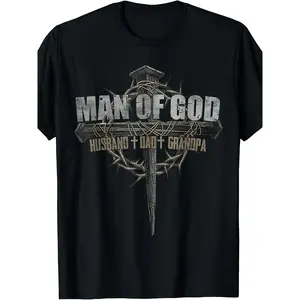 for Man of God Husband Dad Grandpa Cross Christian TShirt Same Style for Men And Unisex 2026 Summer Leeved Printed Pure Crew Neck AllSeason Vintage Style Regular Fit