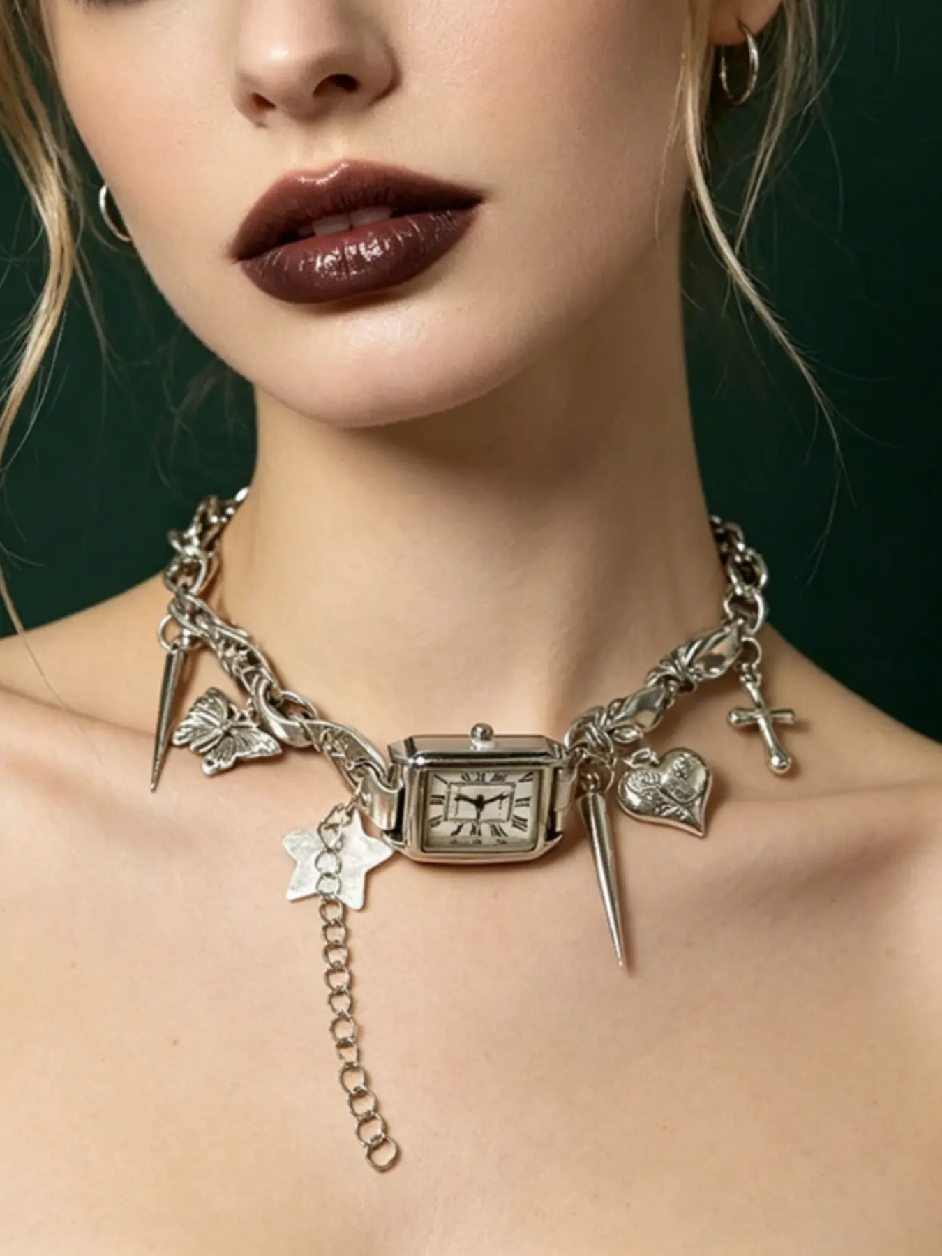 Punk Style Watch Alloy Necklace, Vintage Dial Heart Star Cross Butterfly Pendant, Unique Sweet Cool Girl Chain Accessory