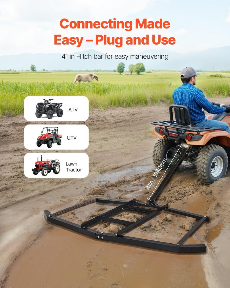 VEVOR Drag Harrow, 74" Width Tow Behind Drag Harrow, Q235 Steel Driveway Grader with Adjustable Bars & Pin Hitch, Support up to 50 lbs, Tractor Driveway Harrow for ATVs, UTVs, Garden Lawn Tractors