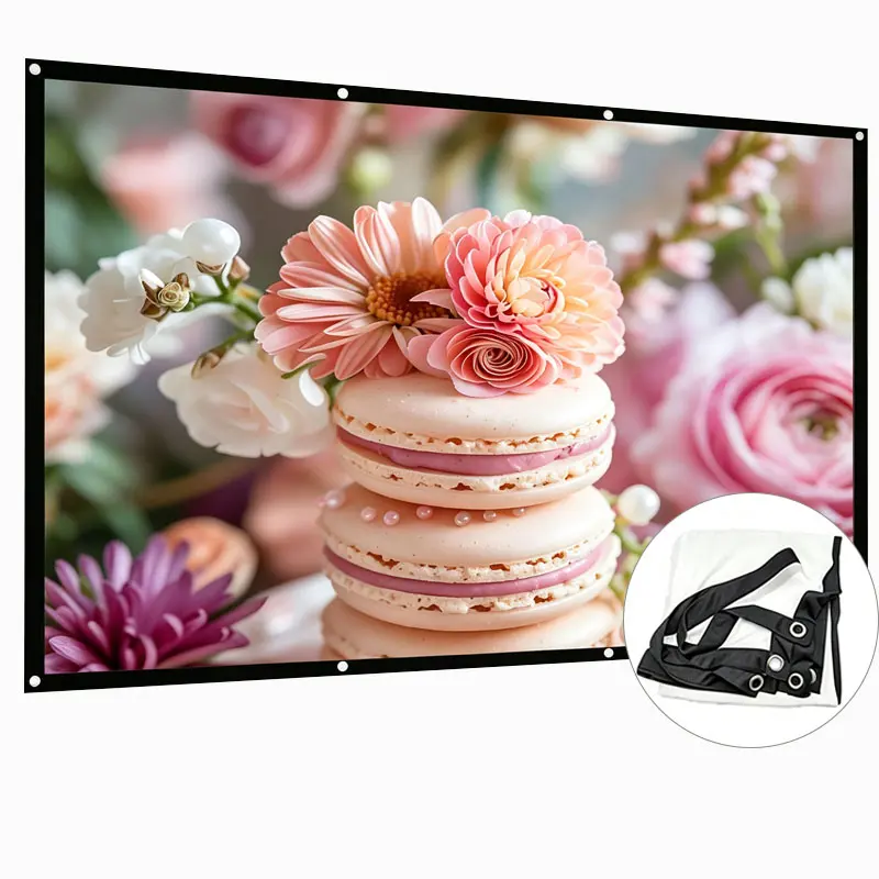 16: 9 high-density thickened materials, double-sided projection design not only improves image quality performance, high-definition projection screen, indoor and outdoor universal design to meet various scenes, home theater 60-150 inches