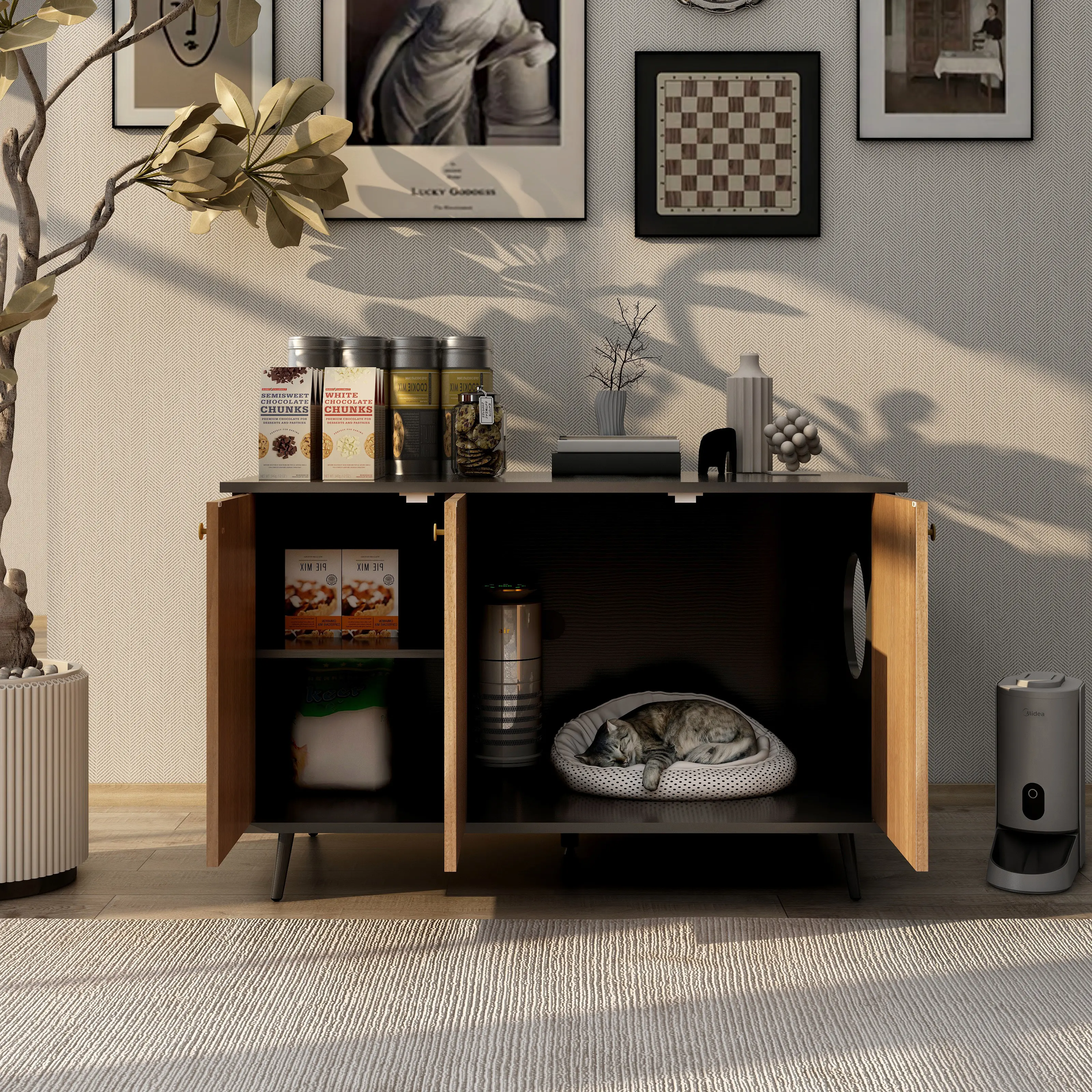 ARCH Large Durable Wood Cat Litter Box Enclosure Furniture - 3-Door Access Hidden Litter Box Cabinet with Built-In Hidden Plug, Comfortable Access, Indoor Cat Washroom Storage Bench Side Table (Black & Walnut, 23.6"x19.7"x19.7") for Living Room, Bedroom