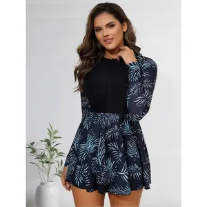 Women Long Sleeve Front Zip Skirted One Piece Swimsuit, Color Block Palm Leaf Print Rash Guard Bathing Suit, A Line Flared Skirt Tummy Cover Conservative Swimwear, Sun Protection Full Sleeve Swim Outfit for Surfing, Beach Vacation, Pool Workout & Hot Spri