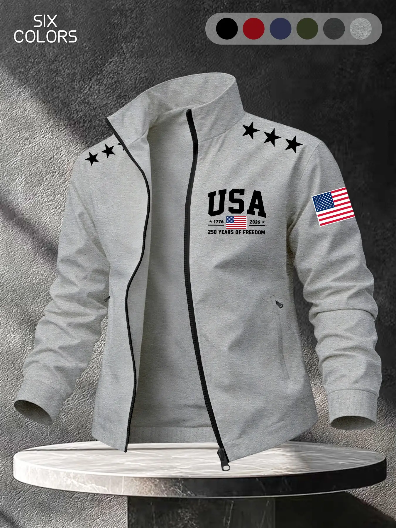 Men's Lapel Zipper Casual Classic Jacket, Usa1776-2026 Flag Print, Long Sleeve Fitted Outerwear, All Seasons Lightweight Coat