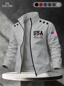 Men's Lapel Zipper Casual Classic Jacket, Usa1776-2026 Flag Print, Long Sleeve Fitted Outerwear, All Seasons Lightweight Coat