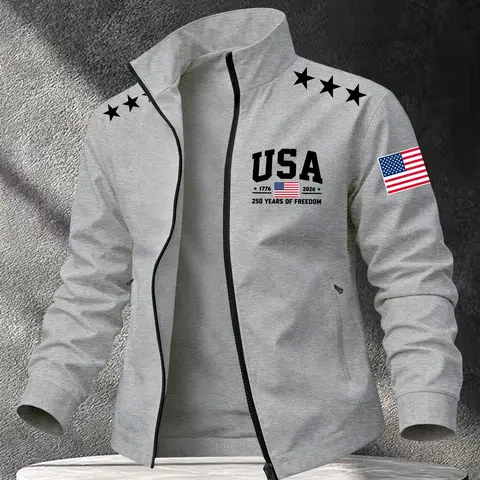 Men's Lapel Zipper Casual Classic Jacket, Collared Zipper Jacket, Usa1776-2026 Flag Print, Long Sleeve Fitted Outerwear, All Seasons Lightweight Coat, Outerwear Coats