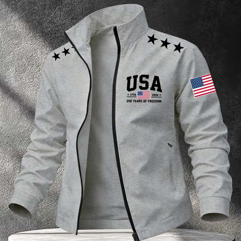 Men's Lapel Zipper Casual Classic Jacket, Collared Zipper Jacket, Usa1776-2026 Flag Print, Long Sleeve Fitted Outerwear, All Seasons Lightweight Coat, Outerwear Coats