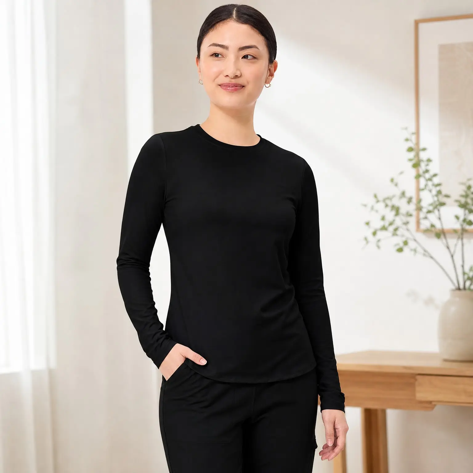 Women's Long Sleeve Knit Nursing Underscrub Tee Crew Neck Layering Top - CK773Gift