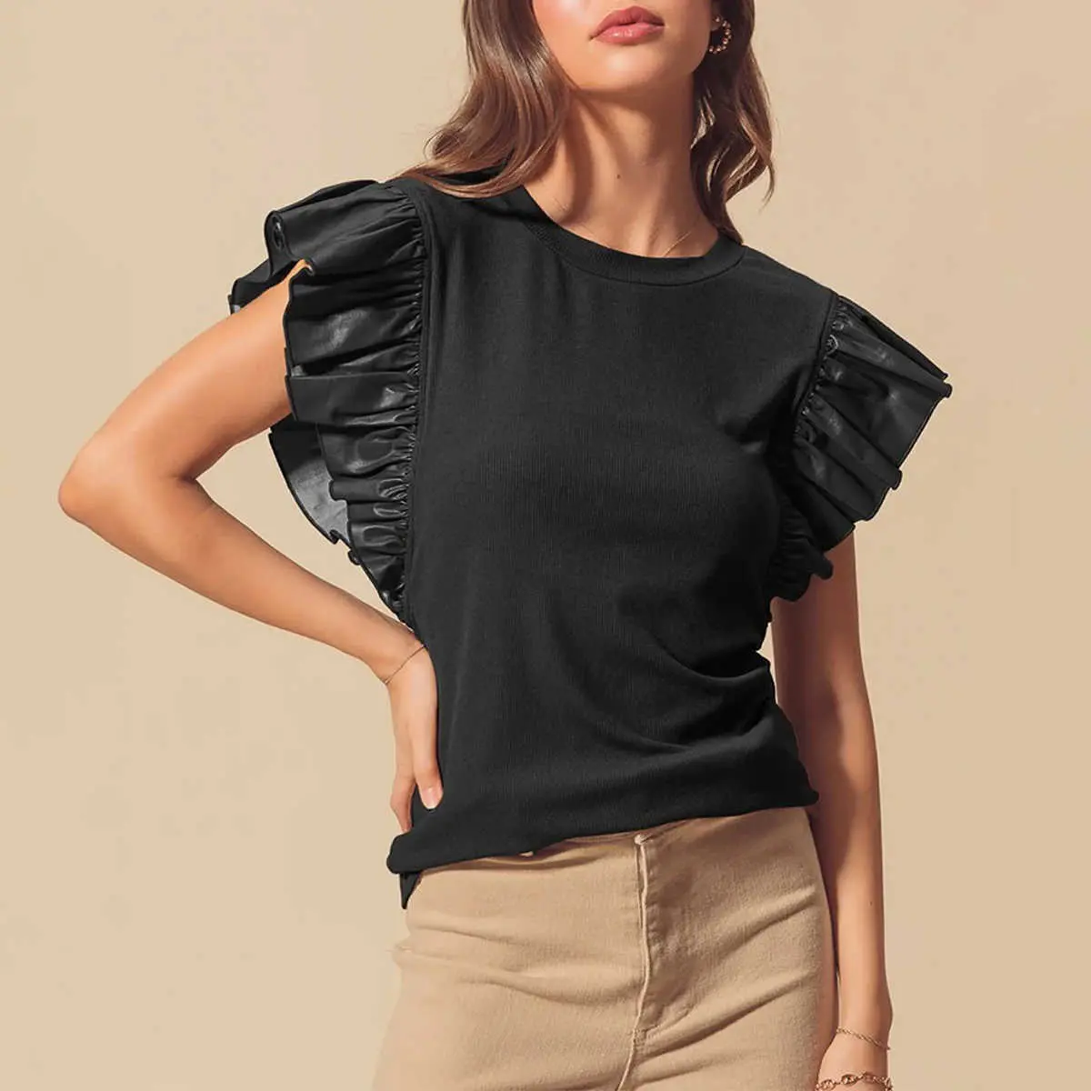Black Leather Ruffle Sleeve Patchwork Round Neck Blouse
