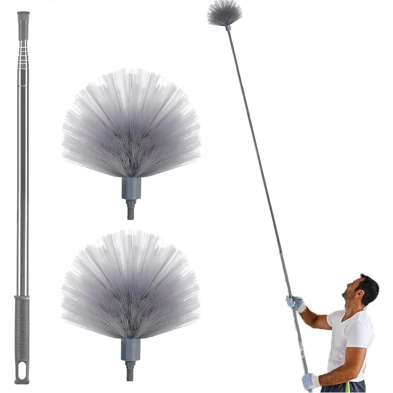 Cobweb Duster with Extension Pole & 2 Clean , Medium Stiff Bristles Cobweb Duster  & 1.8 to 7.2- Scalable Stainless Steel Pole Ceiling Fan Duster for Outdoor Indoor Cleaning