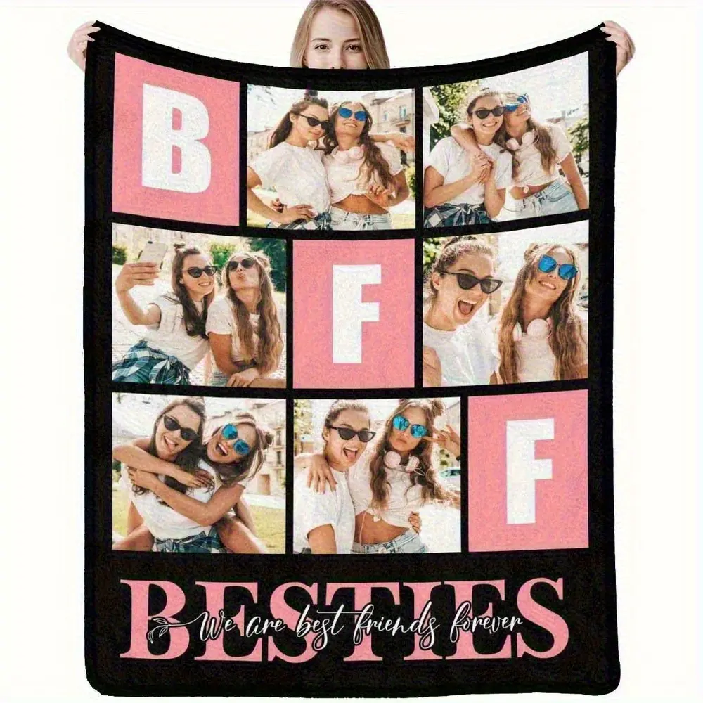 Customized 6-Photo Besties BFF Flannel Blanket - Personalized Soft Pink Throw, Wrinkle-Resistant Durable All-Seasons Cozy Vibes Gift for Her, Sentimental Keepsake for Birthday Graduation, Dorm Home Decor for Couch Sofa Bed