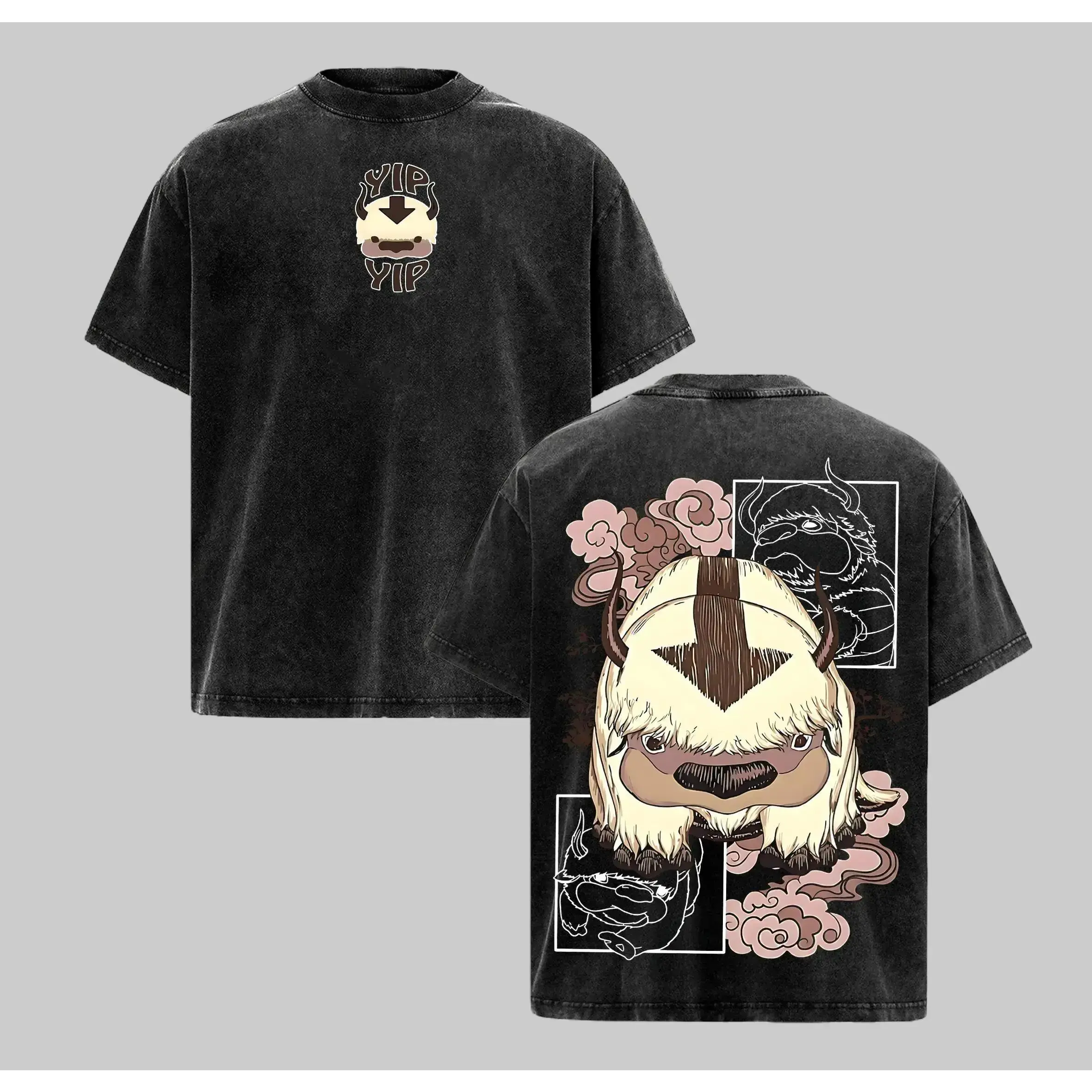 Avatar The Last Airbender Appa Yip Yip Double Sided Print Vintage Washed T Shirt Anime Oversized Cotton Unisex Streetwear Tee