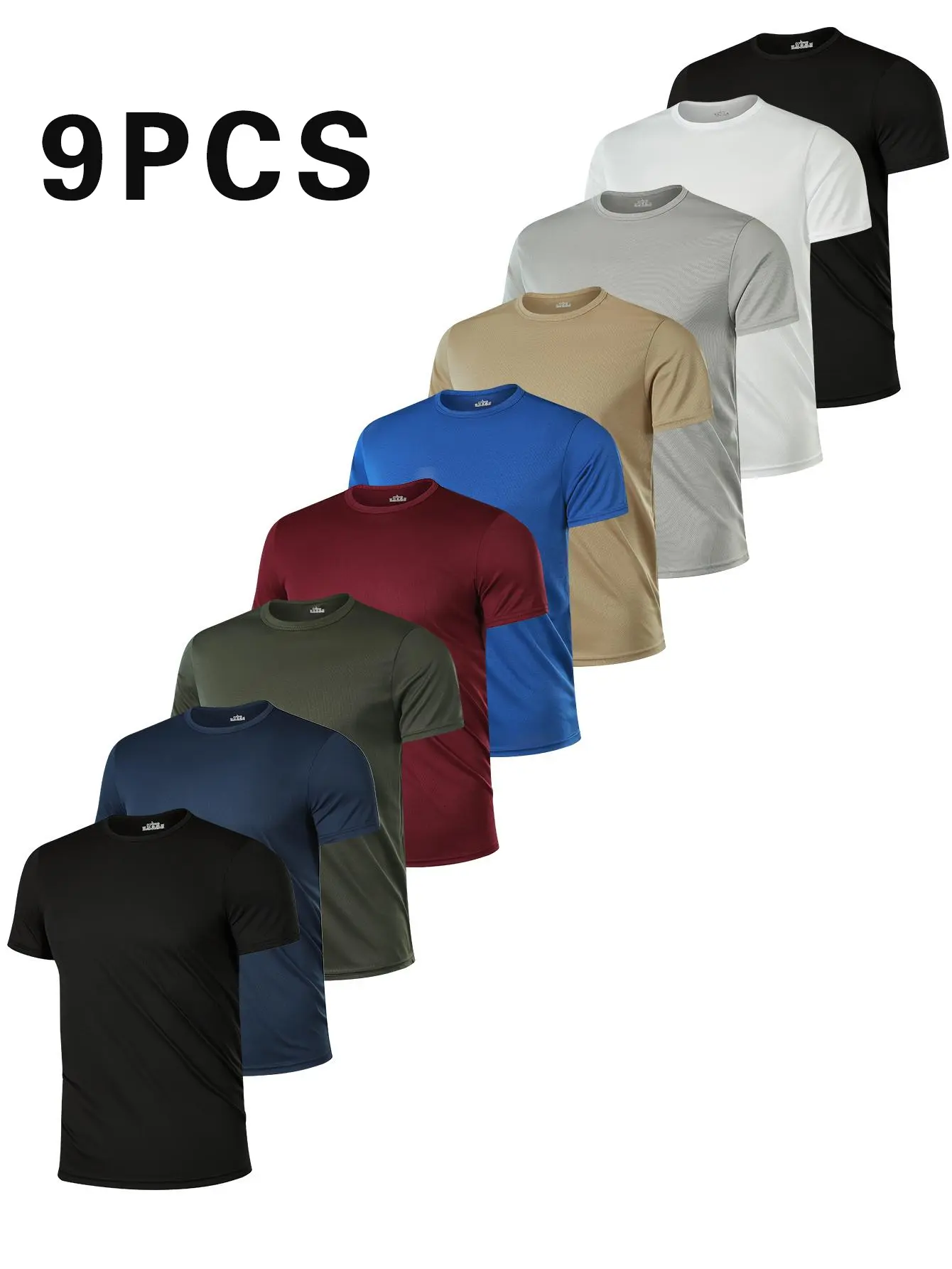Men's 9-Piece Solid-Color Crew-Neck Short-Sleeve T-Shirts - Polyester Clothes, Basic Casual Tees, Machine Washable for Fitness, Outdoor Activities