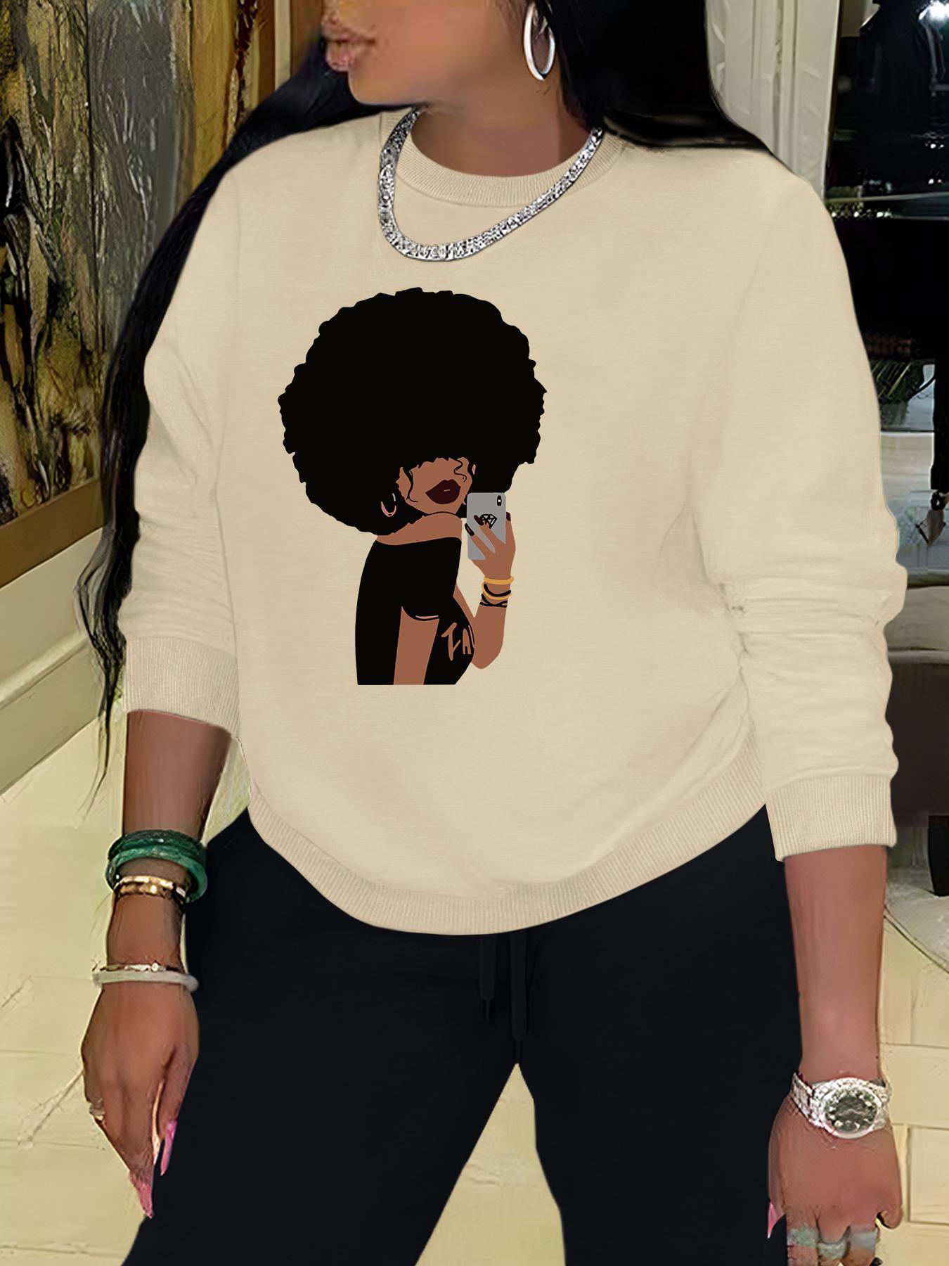 Women's Letter & Afro Girl Print Crew Neck Sweatshirt, Casual Long Sleeve Pullover for Fall & Winter, Women's  Clothes for Daily Wear