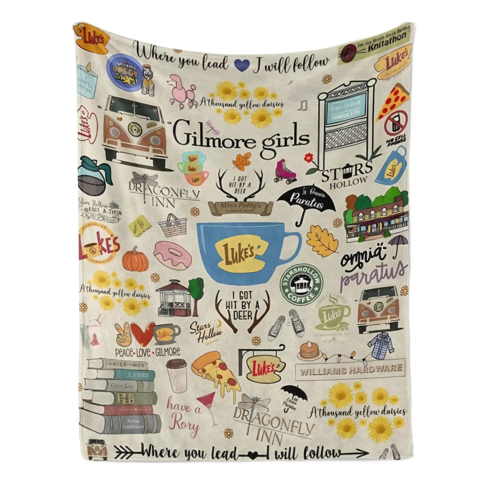 Gilmore Girls Themed Ultra-Soft Polyester Fleece Flannel Print Throw Blanket for Fans of Gilmore Girls, Featuring Luke's Diner, Stars Hollow, Where You Lead Quotes, Modern Bed/Couch Decor, Machine Washable (SK Tj Maxx Collection), Living Room Decor, Colle