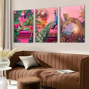 3 Pieces Maximalist Sleeping Cheetah Peacock Bartender, Boho Wall Mural, Wild Personalized Home Art, Eclectic Gallery Decor, Rich Tone Poster, Wall Decor for Living Room, Bar and Playroom, Framed or Unframed.