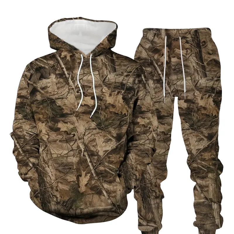 Men's Forest Leaf Camo Hoodie Set, Casual Outdoor Hunting Style, Comfortable and Breathable Fabric, Loose-Fit Two-Piece Set, All Seasons