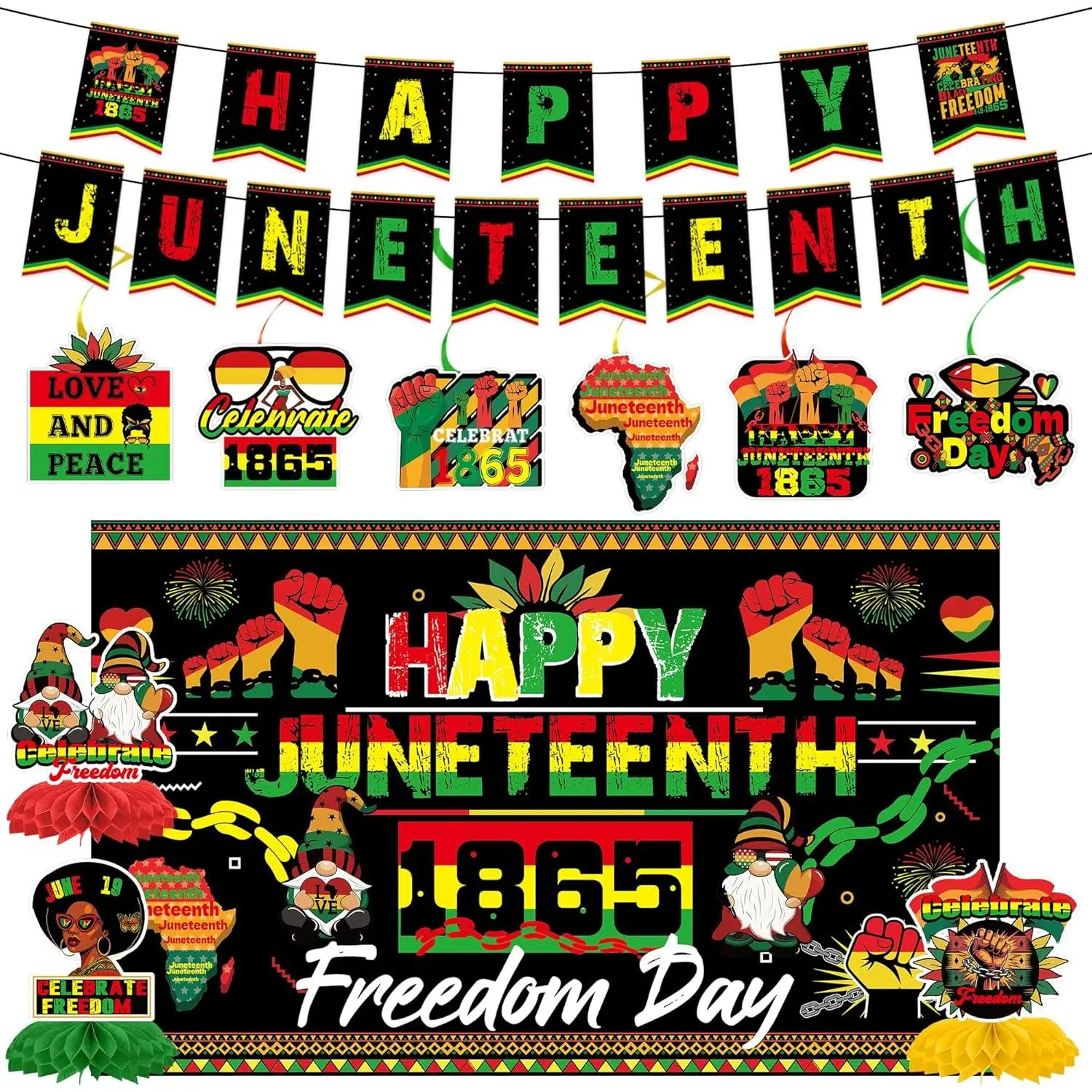 Juneteenth Decorations, 12 Pcs Happy Juneteenth Decor with Banners Hanging Swirls Honeycombs & Backdrop for Home Classroom African American Freedom Day Celebration