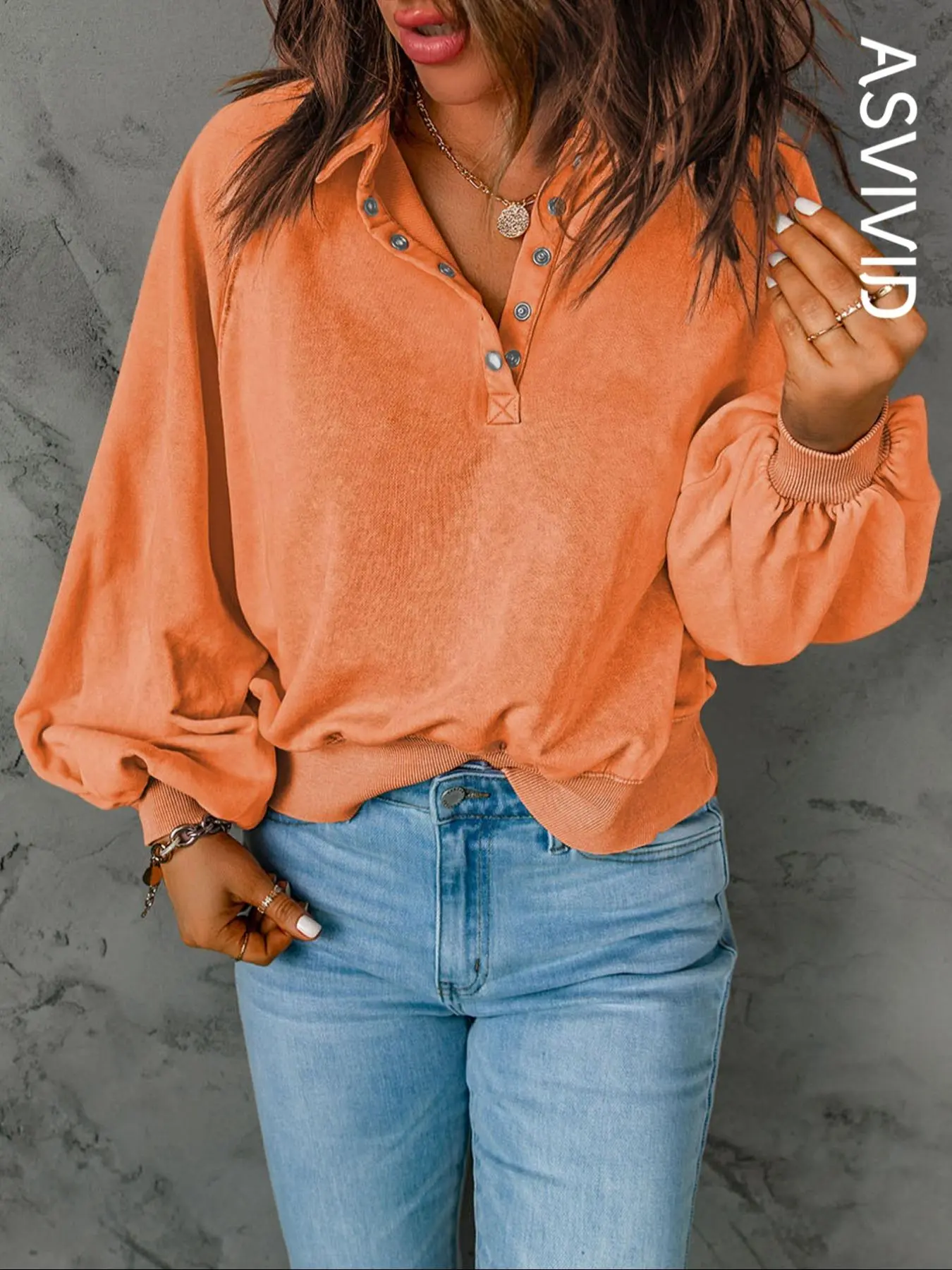 Women's Button Front Lantern Sleeve Heavyweight Streetwear Casual Warm Sweatshirt, Casual Chic Loose Basic Plain Long Sleeve Collared Design Pullover, Ladies' Clothes for Fall & Winter, National Day Clothing, Womenswear, Style, Fit