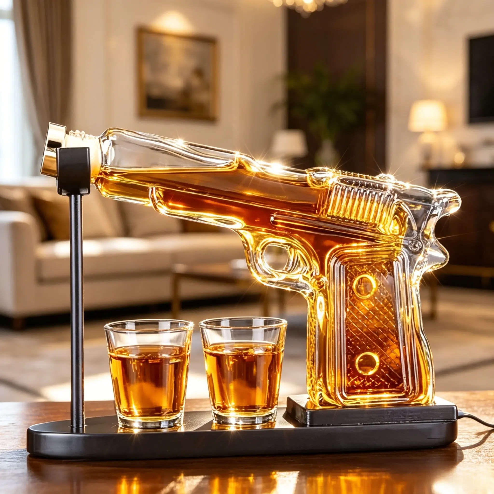 Gun Design Whiskey Decanter Set with 2 Drinking Glasses, Ideal Gift for Dad, Military Lovers, Men's Home Bar Decor, Birthday & Father’s Day