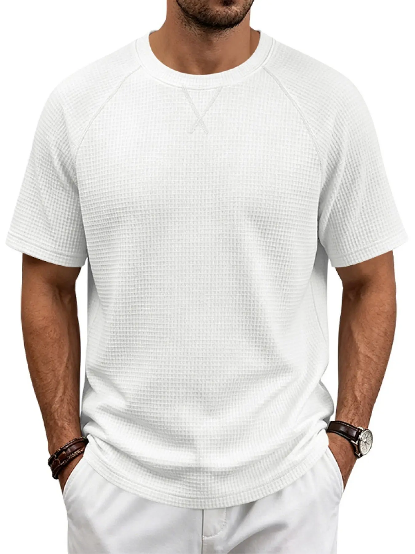 Men's Summer Loose Fit American Round Neck Waffle Pattern Casual Trendy Simple Commuter Breathable Versatile Short Sleeve T-Shirt