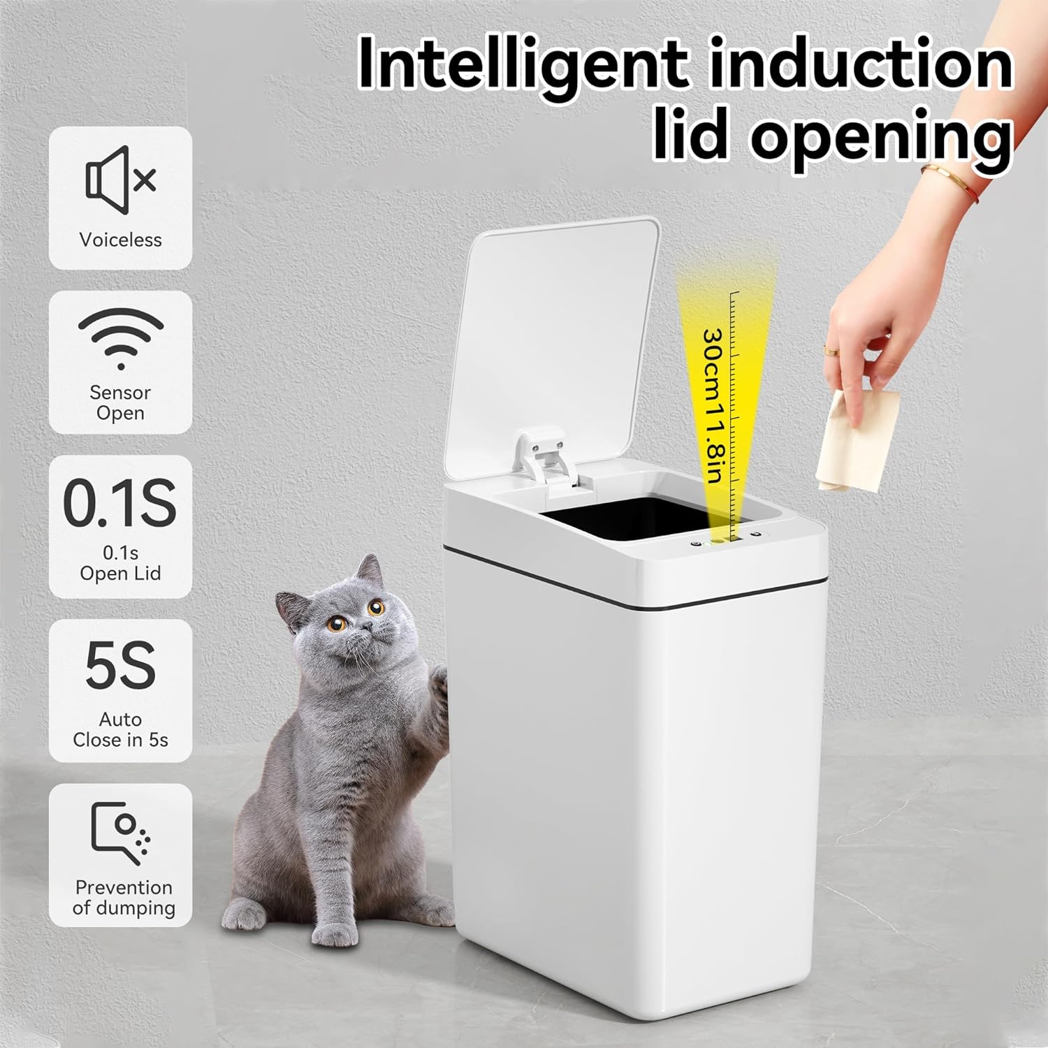 Automatic Bathroom Trash Can 2.6 Gallon Touchless Motion Sensor Garbage Cans Small Slim  Diaper Trash Bin for Bedroom, Office, Kitchen, Living Room, White