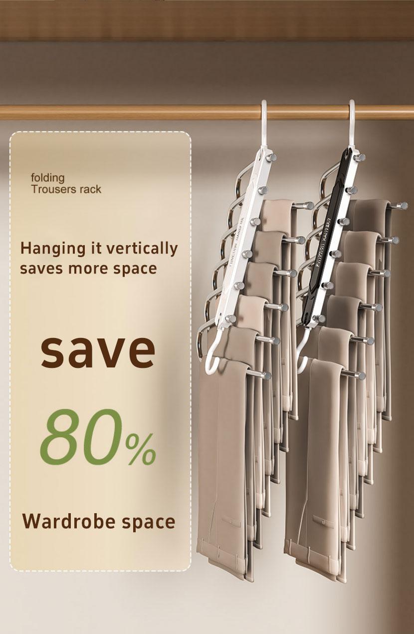 6 Layer Pants Hanger Space Saving Closet Organizer with 65mm Wide Spacing, Anti-Slip Multifunctional Pants Rack for Jeans Trousers Wardrobe