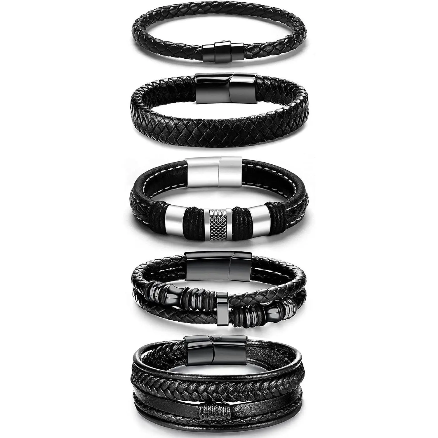 Black Leather Bracelets for Men Women 5 count Mens Bracelet Leather and Steel Braided Cuff Bracelets