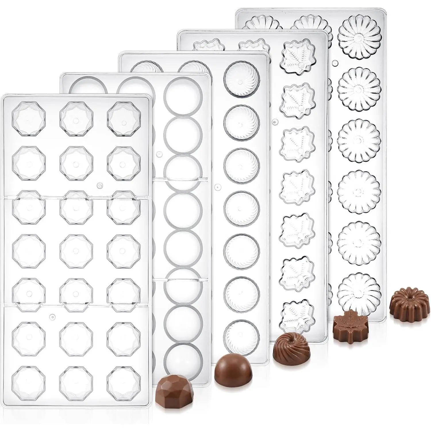 5-Pack Polycarbonate Chocolate Molds Set - 105 Cavities Candy & Desserts Making Molds, Cookie Tray for Semi-Circle, Daisy, Maple Leaf, Diamond Shapes