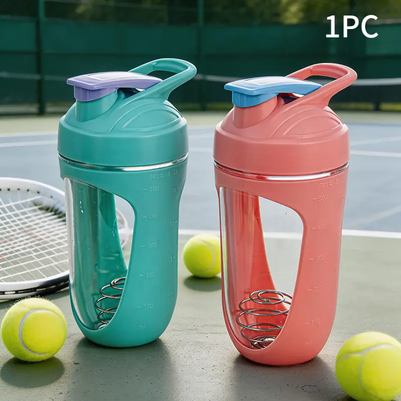 680ML Sports Protein Shaker Cup, With 1 Stainless Steel Mixing Spring, With Scale And Leak-Proof Design, Suitable For Pre-Workout Hydration And Smoothie Drinks, Shaker Bottle
