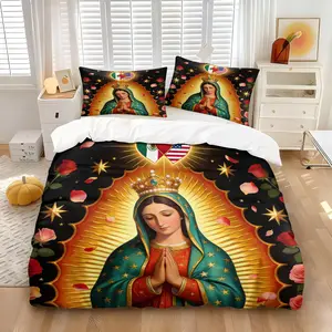 2/3Pcs Our Lady of Guadalupe Duvet Cover Set, Mexico US Flag Rose Comforter Cover, Religious Catholic Bedding Set with Pillowcases, No Filler, For Mexican American Women Bedroom Guest Room Home Decor