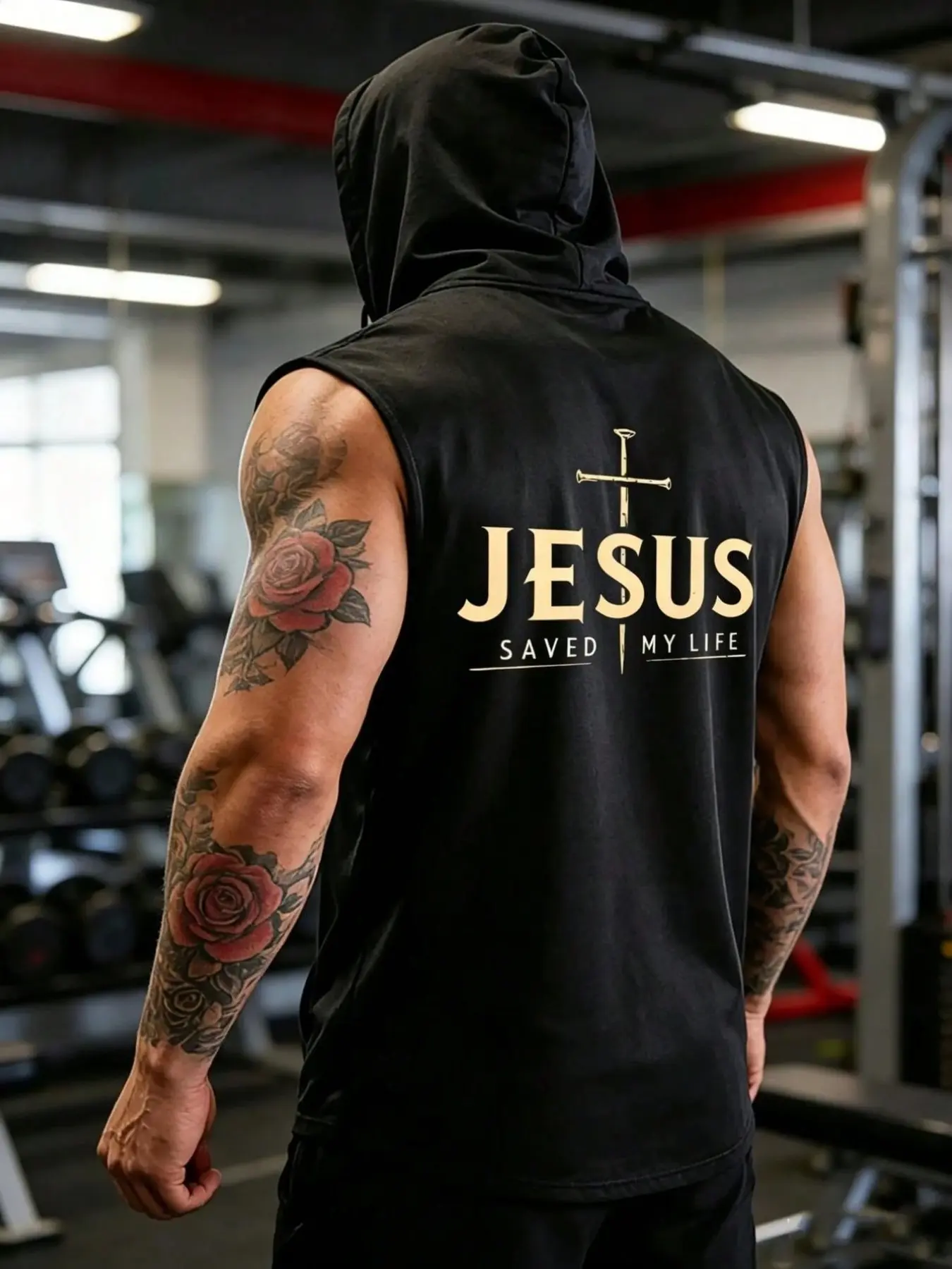 Men Sleeveless Hooded Workout Tank Top Jesus Cross Gold Print Saved My Life Breathable Gym Training Vest Gym Sports Vest