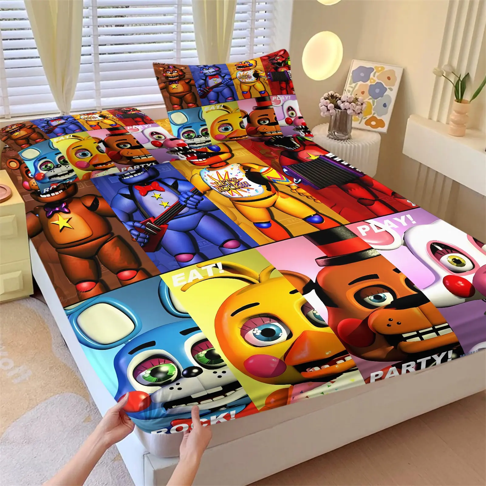 FNAF Bed Sheet Set, 1 Fitted Sheet + 2 Pillowcases No Filling, Color Block Spliced Mechanical Character Collage Print Bedding, Elastic Deep Pocket, Cartoon Game Style Teen Bedroom Dorm Decor, Fan Gift