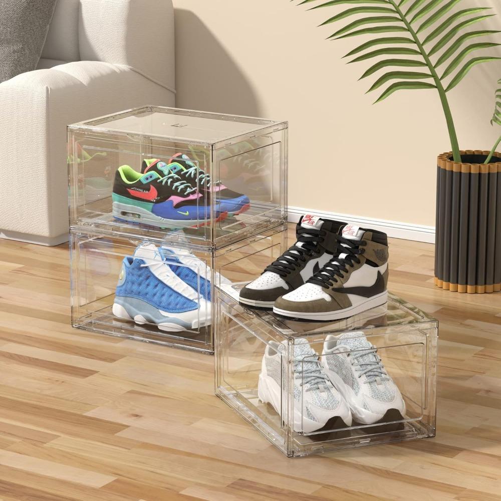 12 Packs Acrylic Shoe Boxes, Clear Plastic Stackable Acrylic Sneaker Boxes, Display Case for Sneaker Fits Up to US Size 15 Organiser Transparent