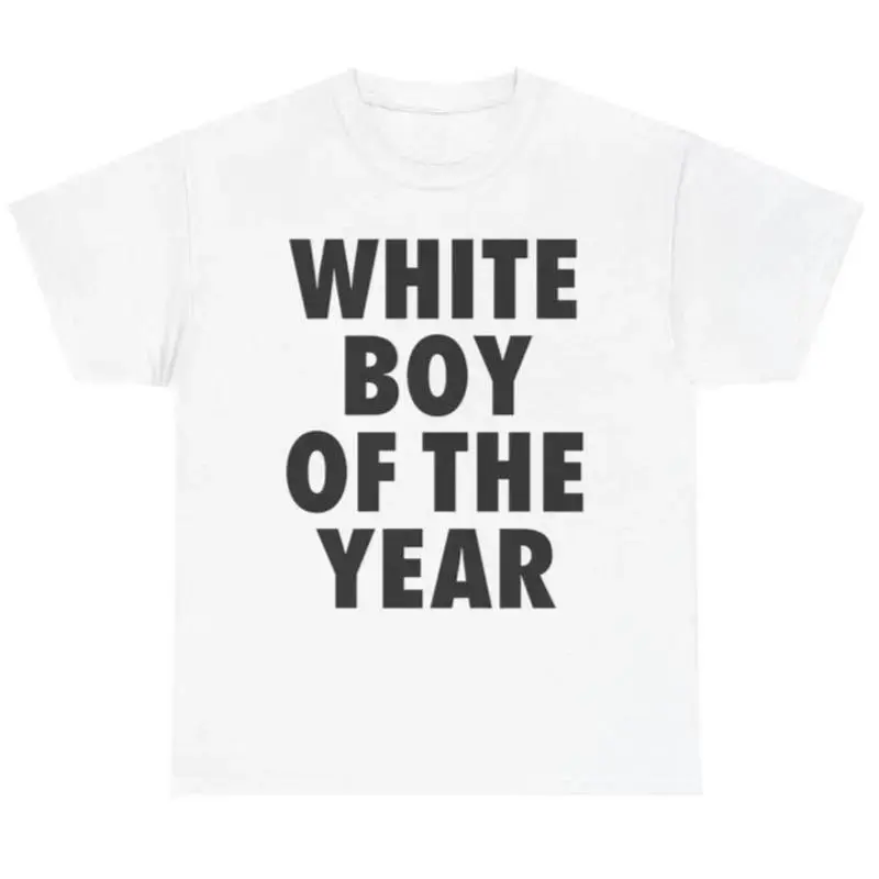 Loose Fit Graphic T-Shirt, White Boy Of The Year Bold Block Letter Slogan Printed Craft Tee, Soft Breathable Casual Short Sleeve Top, Viral Trend Funny Statement Outfit For Men Women, Bold Text Streetwear Graphic Shirt For summervibes