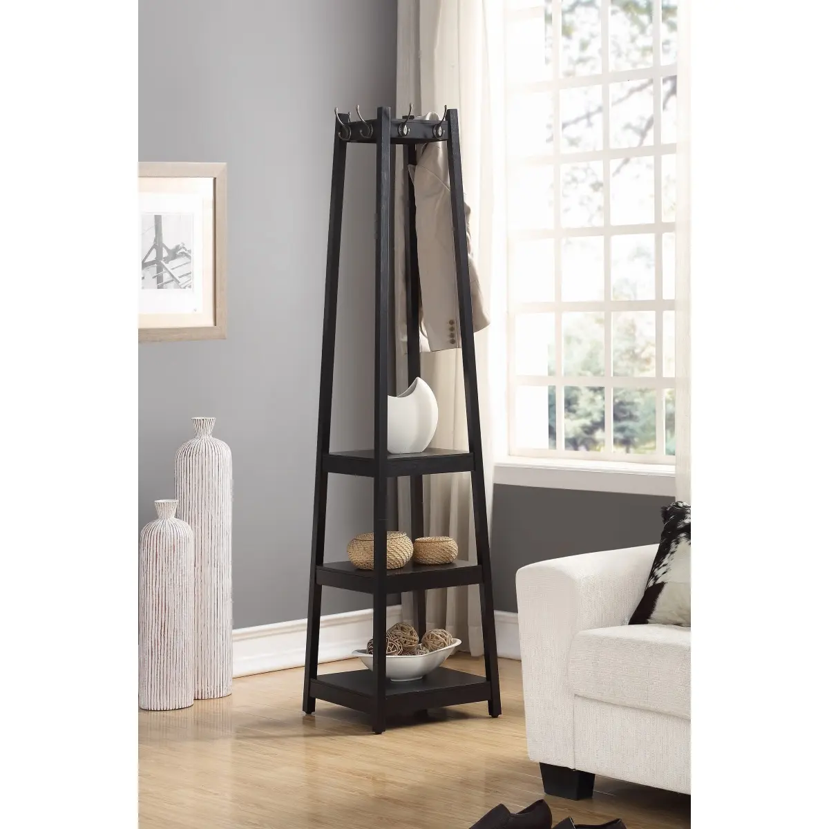 [Fahuac] Decorative Traditional Vertical Floor-Standing Tall Pole Wood Coat Rack - 3-Section, 72" H, 17.5"x17.5" Base, 3-Tier Shelves, Black Finish, Silver Hooks, Space-Saving for Entryway, Living Room, Vertical Floor Coat Racks
