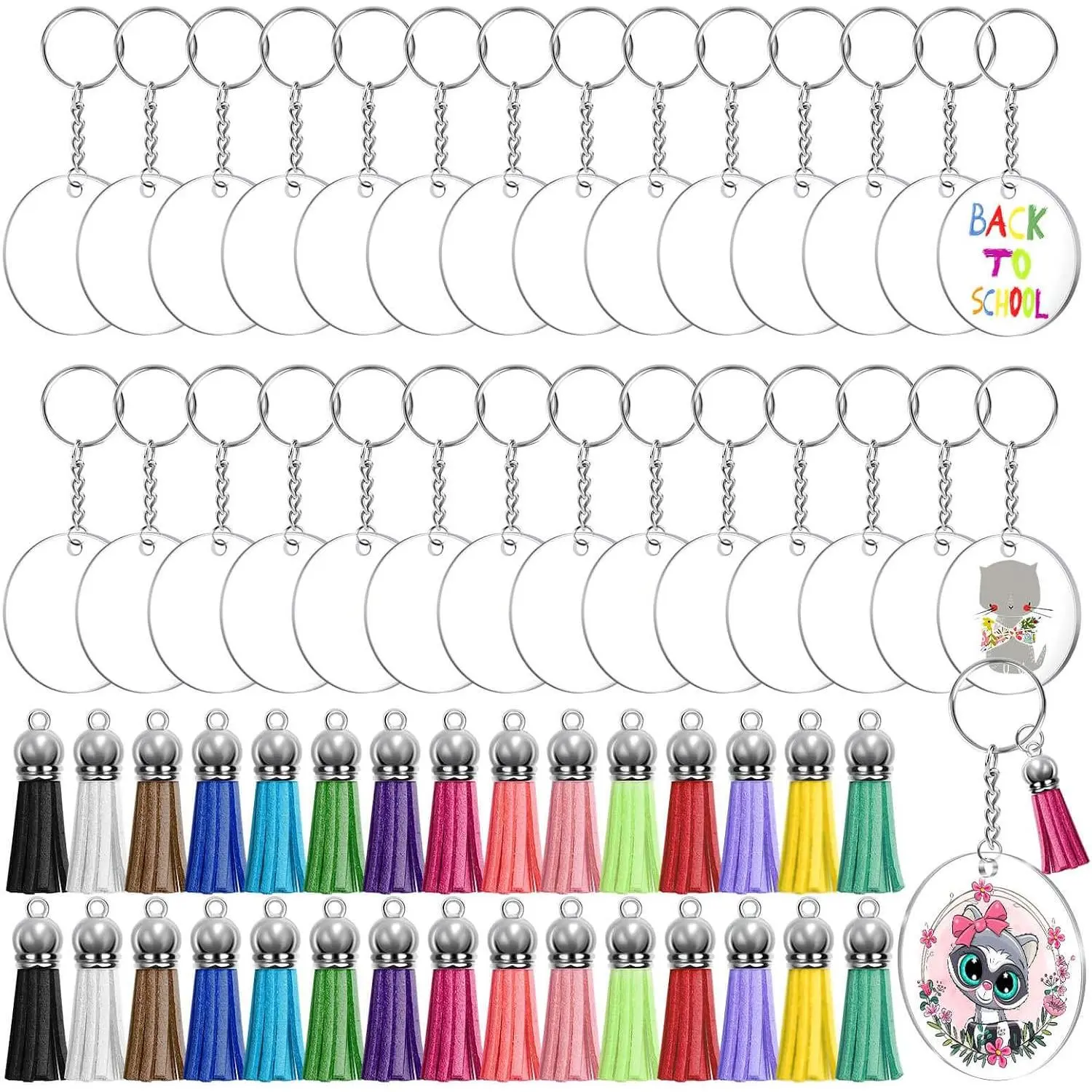 Blanks Kit - 120 count Including Clear  Blanks,  Tassels, Key Rings, Jump Rings for DIY Key Chain Vinyl Crafting