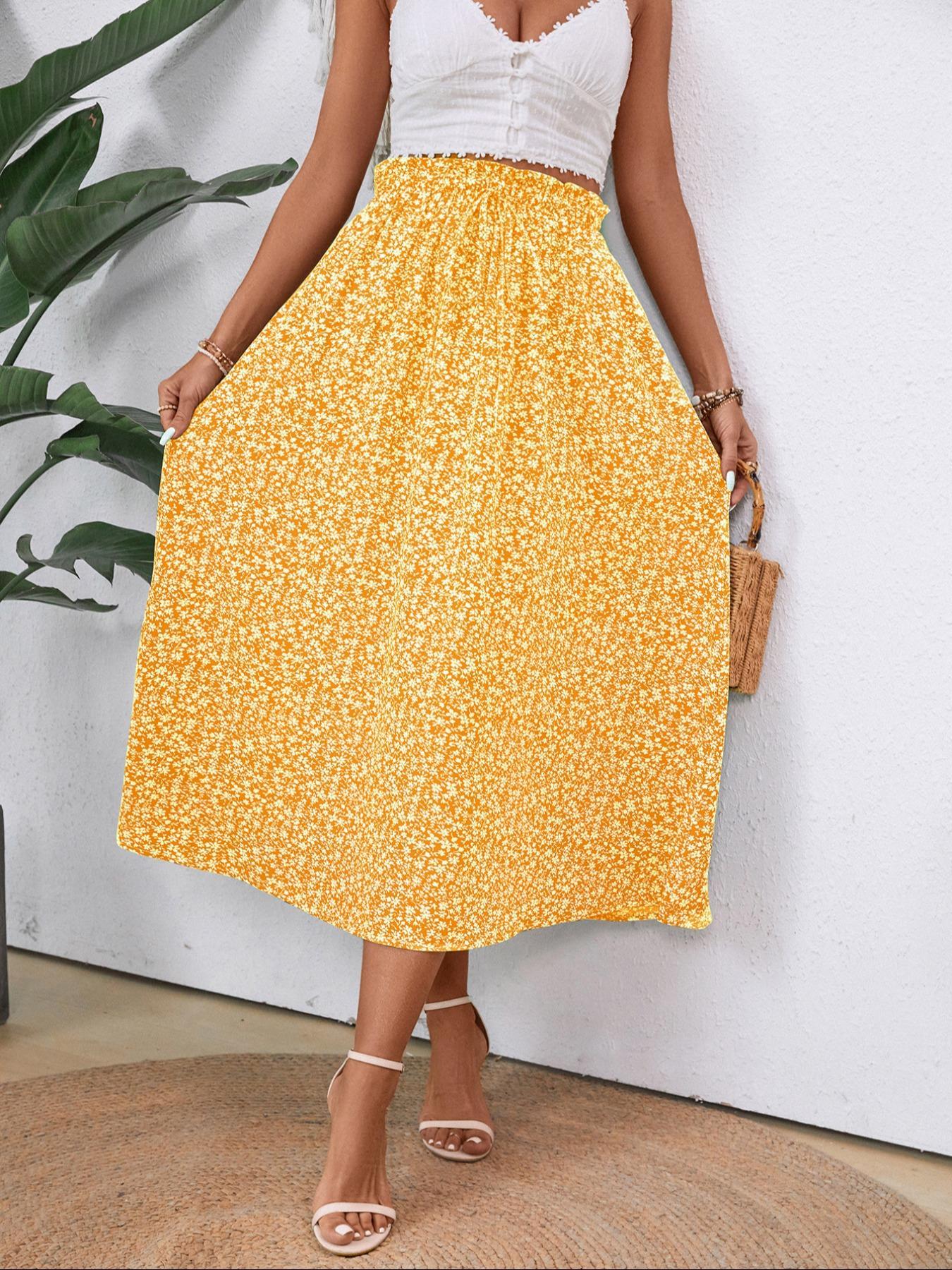 Women's Plain / Ditsy Floral Print Paper Bag Waist A Line Skirt, Boho Pocket High Waist Midi Skirt for Beach Vacation Holiday, Ladies Bottoms for All Seasons