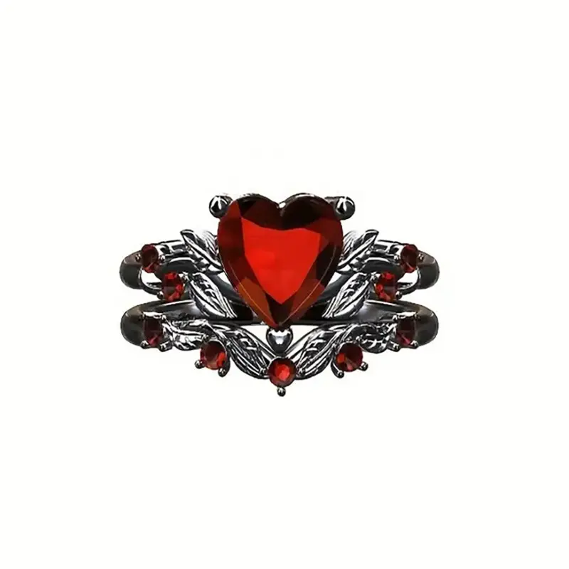 Gothic Vintage Style Ring Set for Women, 2-Piece Stackable Red Heart & Leaf Vine Rings with Silver Detail, Hypoallergenic Jewelry for Cosplay, Dainty Vintage Style Rings, Gothic Fantasy Rings