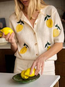 women's lemon embroidery sweater cardigan, casual short sleeve knitwear for daily wear, ladies knitting clothes for summer