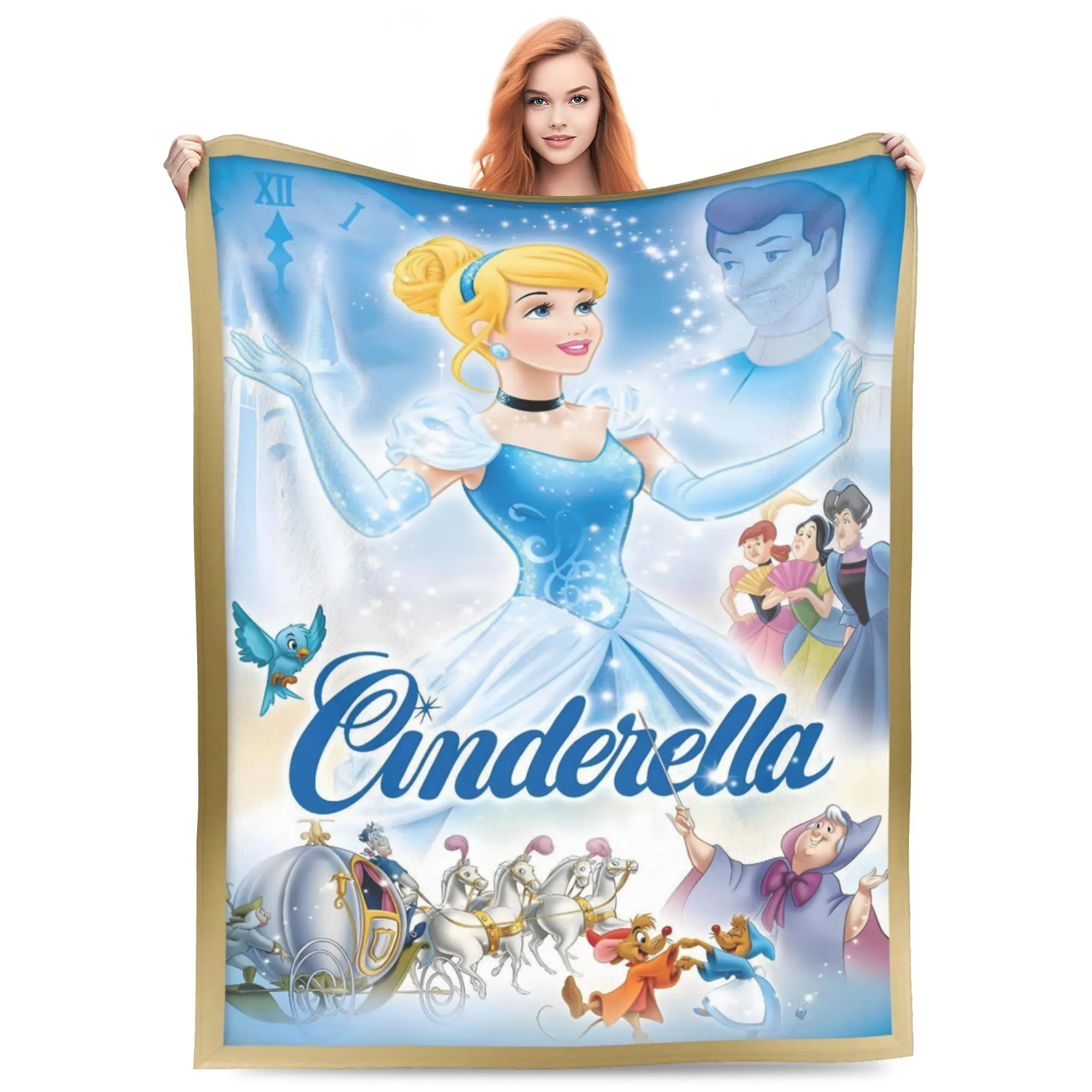 DISNEY CLASSIC Cinderella Classic Movie Poster Throw Blanket, Cinderella Fairy Godmother Pumpkin Carriage Jaq Gus Blue Sparkle Castle Cartoon Print Flannel Fleece Blanket Soft Cozy Blanket for Sofa Bed Gift for Girls Princess Fans