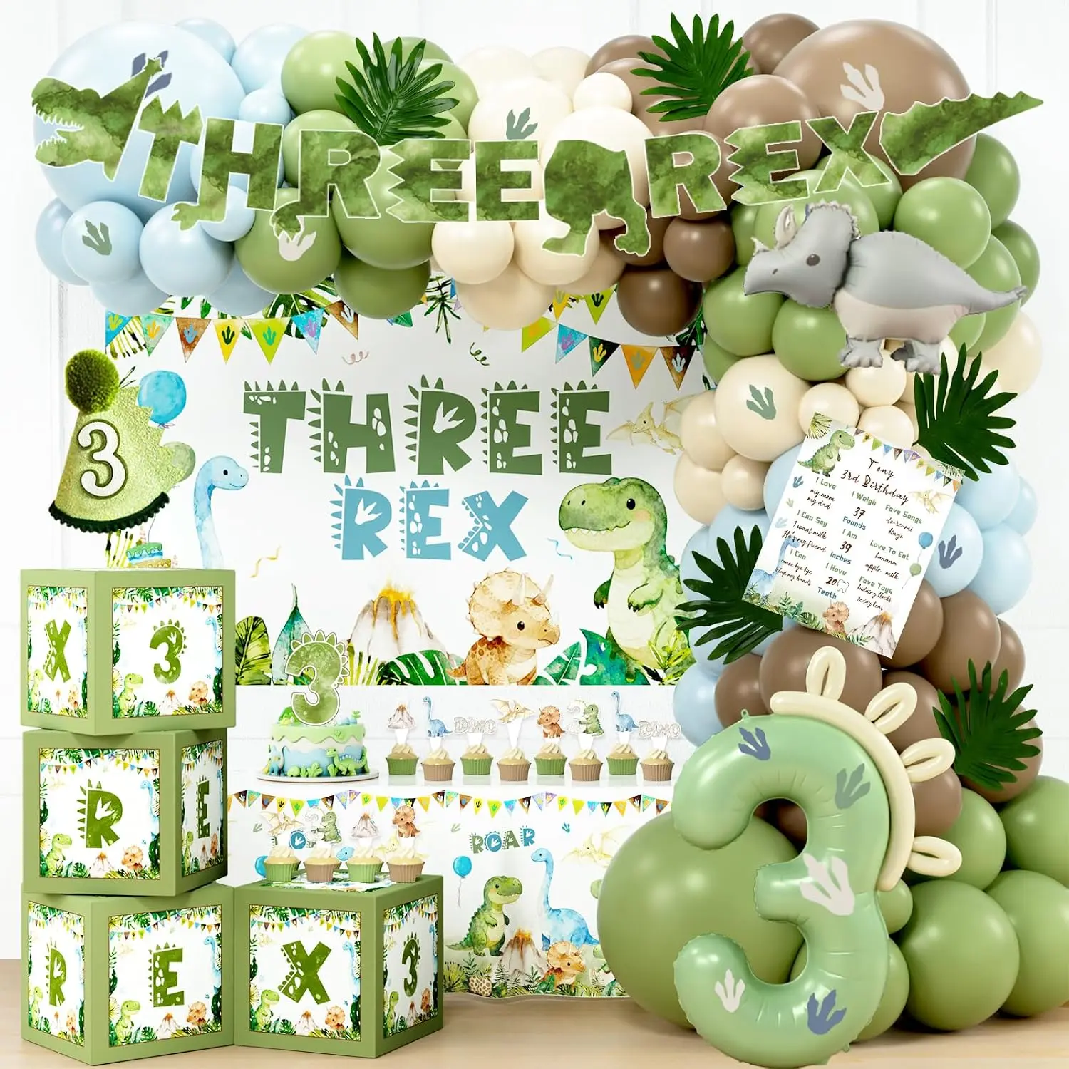 Three Rex Birthday Decorations Boy, Dinosaur 3rd Birthday Party Supplies Kit with Backdrop, Balloon Arch, Boxes and Tablecloth for Boys 3 Year Old Jungle Safari