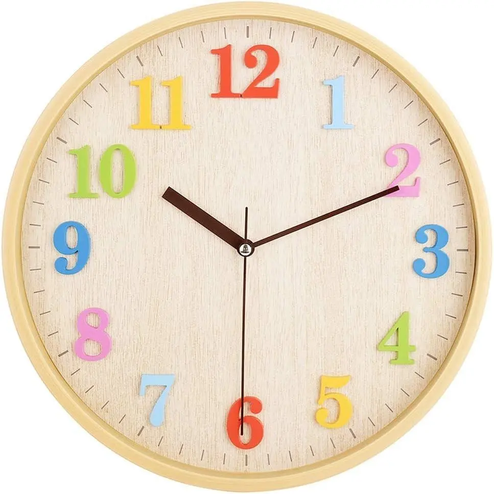 12" Light Brown Wooden Look Round Shape Wall Clock - Silent Ticking, 3D Colorful Numbers, Plastic & Glass Accents, Decorative for Living Room, Bedroom - Battery Not Included