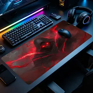Dark Hooded Evil Spirit with Glowing Red Eyes & Fire Veins Large Gaming Mouse Pad, Extended XXL Desk Mat with Stitched Edge & Non-Slip Rubber Base, Ideal for Gamers, Dark Fantasy & Horror Art Fans, Perfect for Gaming Rooms, Home Offices